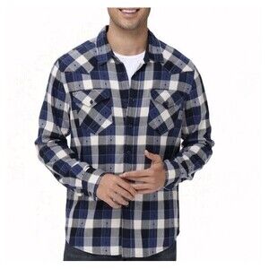 Frye Men's XL Jacquard Flannel Plaid Shirt Heather Night Sky Blue Pockets